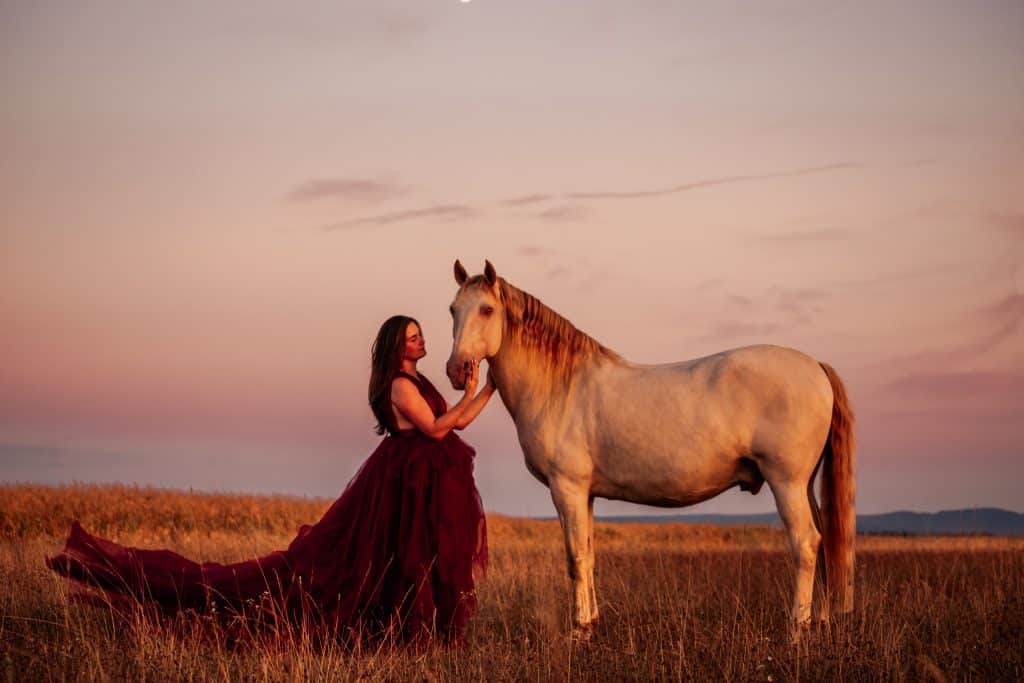 Eine Frau in einem dunkelroten Kleid mit einem weißem Pferd in der Abendstimmung