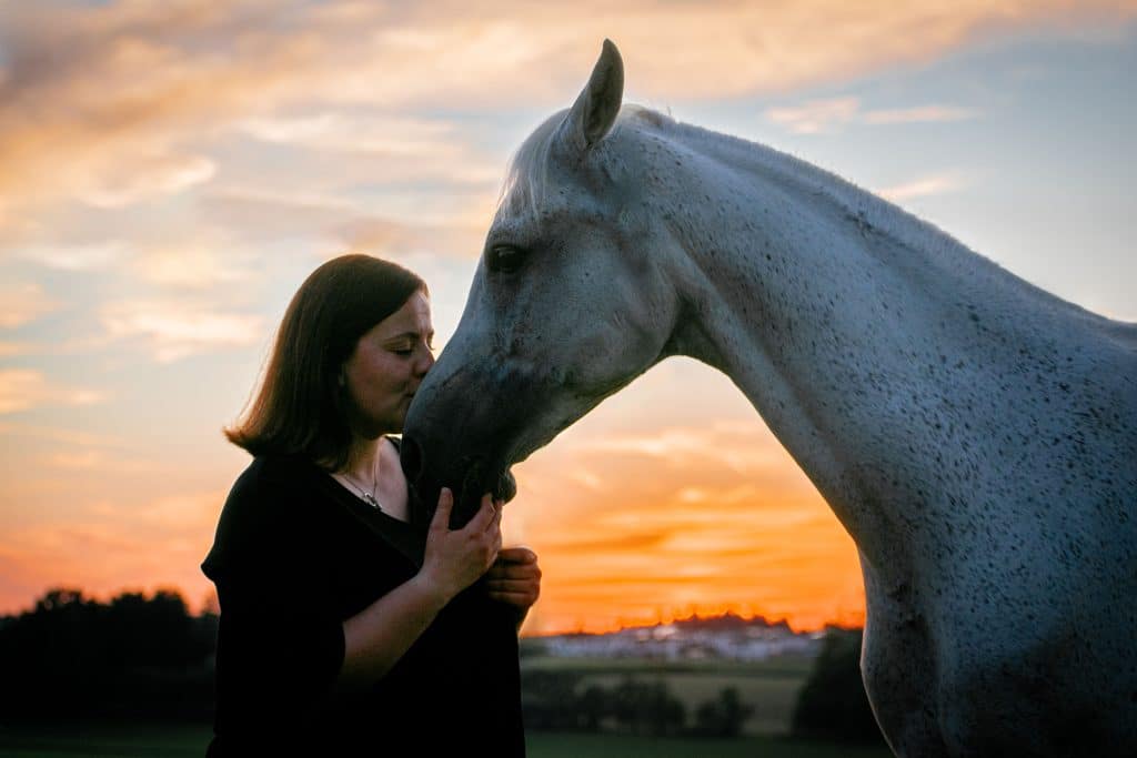 Eine Frau küsst dem Pferd auf die Nase in einer Abendstimmung